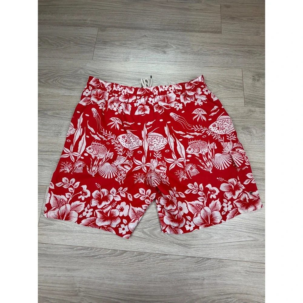 Polo Ralph Lauren Mens 2XB Red White Tropical Fish Hibiscus Swim Trunks Shorts
